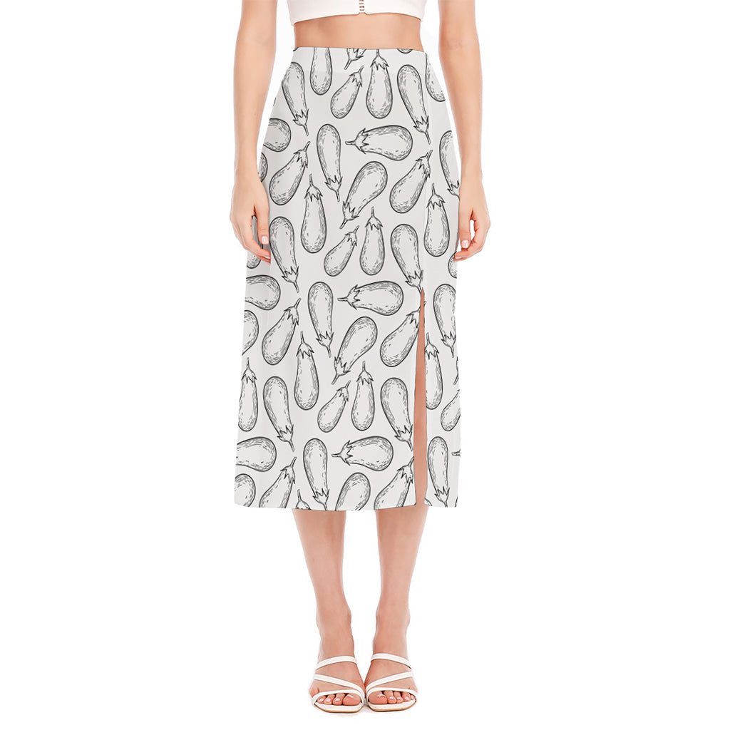 White Eggplant Drawing Print Side Slit Midi Skirt