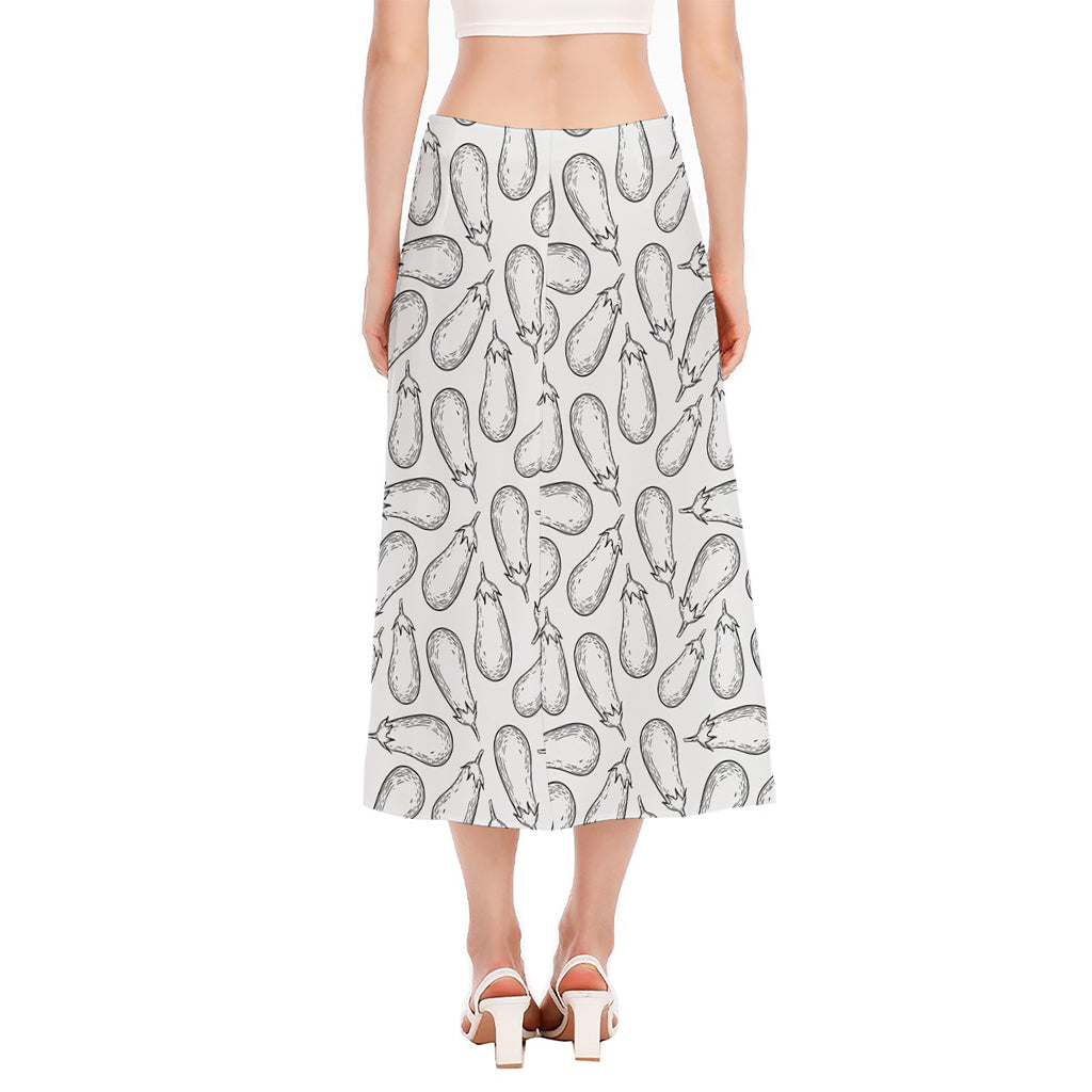 White Eggplant Drawing Print Side Slit Midi Skirt