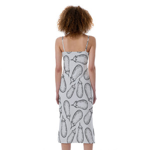 White Eggplant Drawing Print Slim Fit Midi Cami Dress