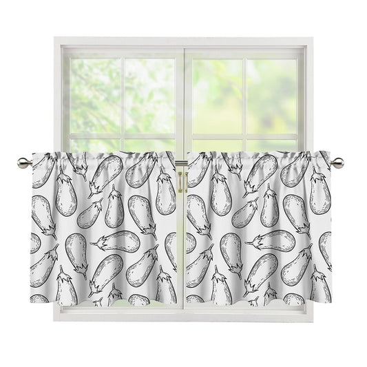 White Eggplant Drawing Print Tier Curtains