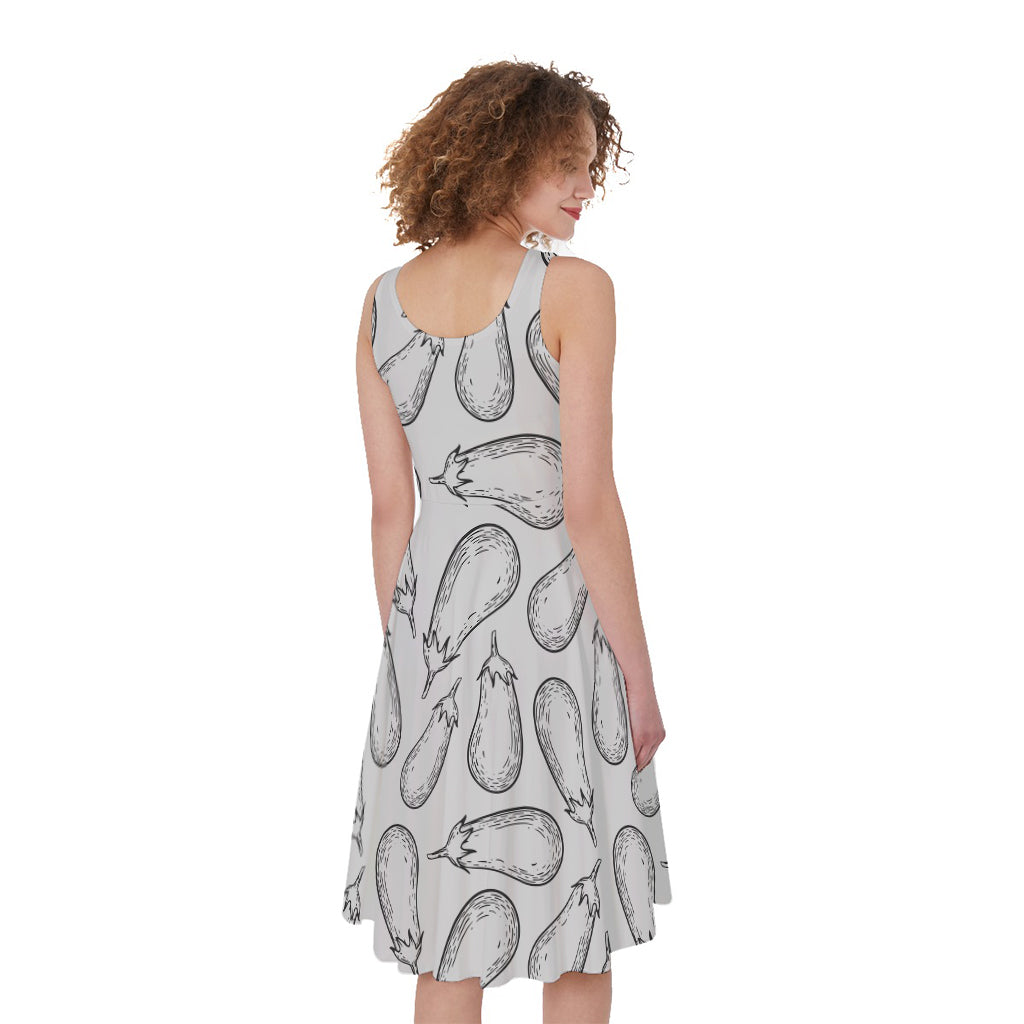 White Eggplant Drawing Print Women's Sleeveless Dress