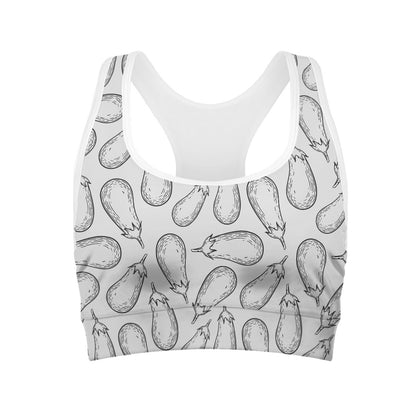 White Eggplant Drawing Print Women's Sports Bra