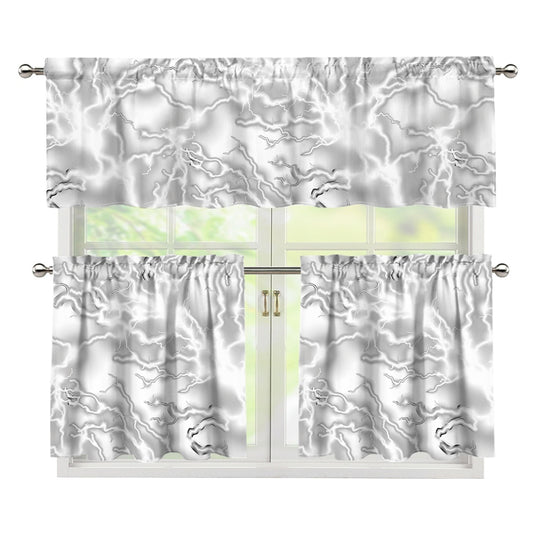 White Electric Lightning Print 3 Piece Kitchen Curtains
