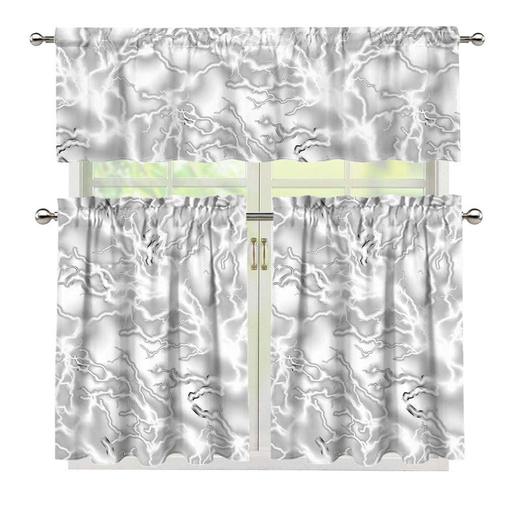 White Electric Lightning Print 3 Piece Kitchen Curtains