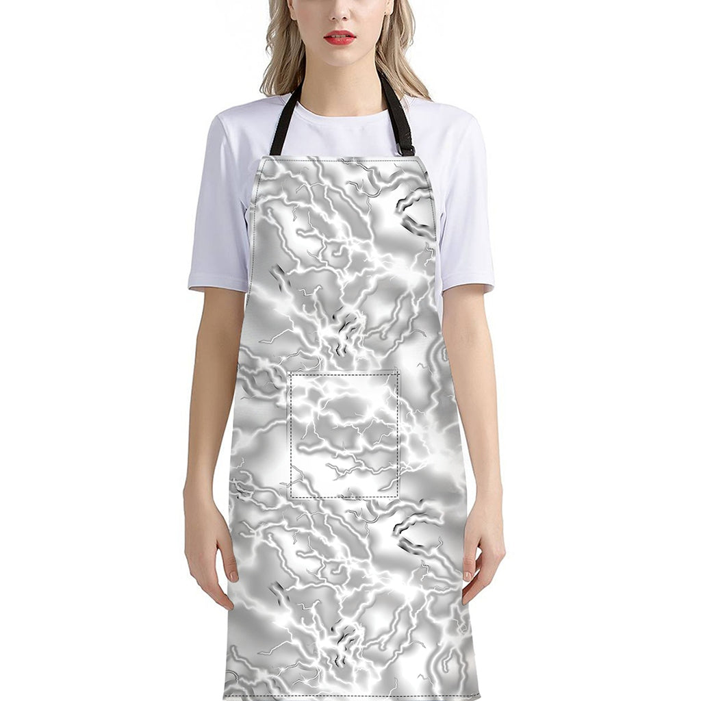 White Electric Lightning Print Bib Apron With Pocket