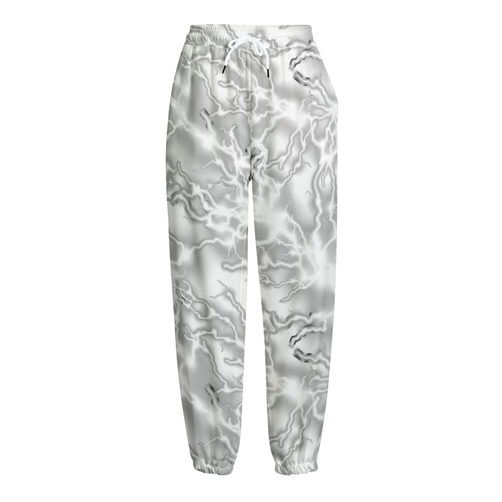 White Electric Lightning Print Fleece Lined Knit Pants