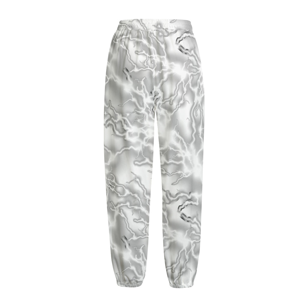 White Electric Lightning Print Fleece Lined Knit Pants