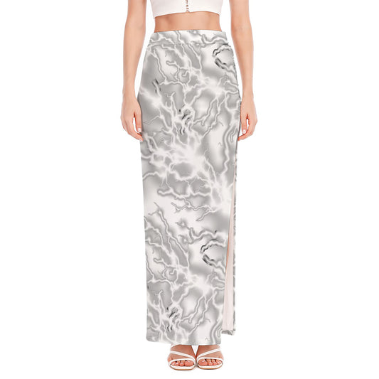 White Electric Lightning Print High Slit Maxi Skirt