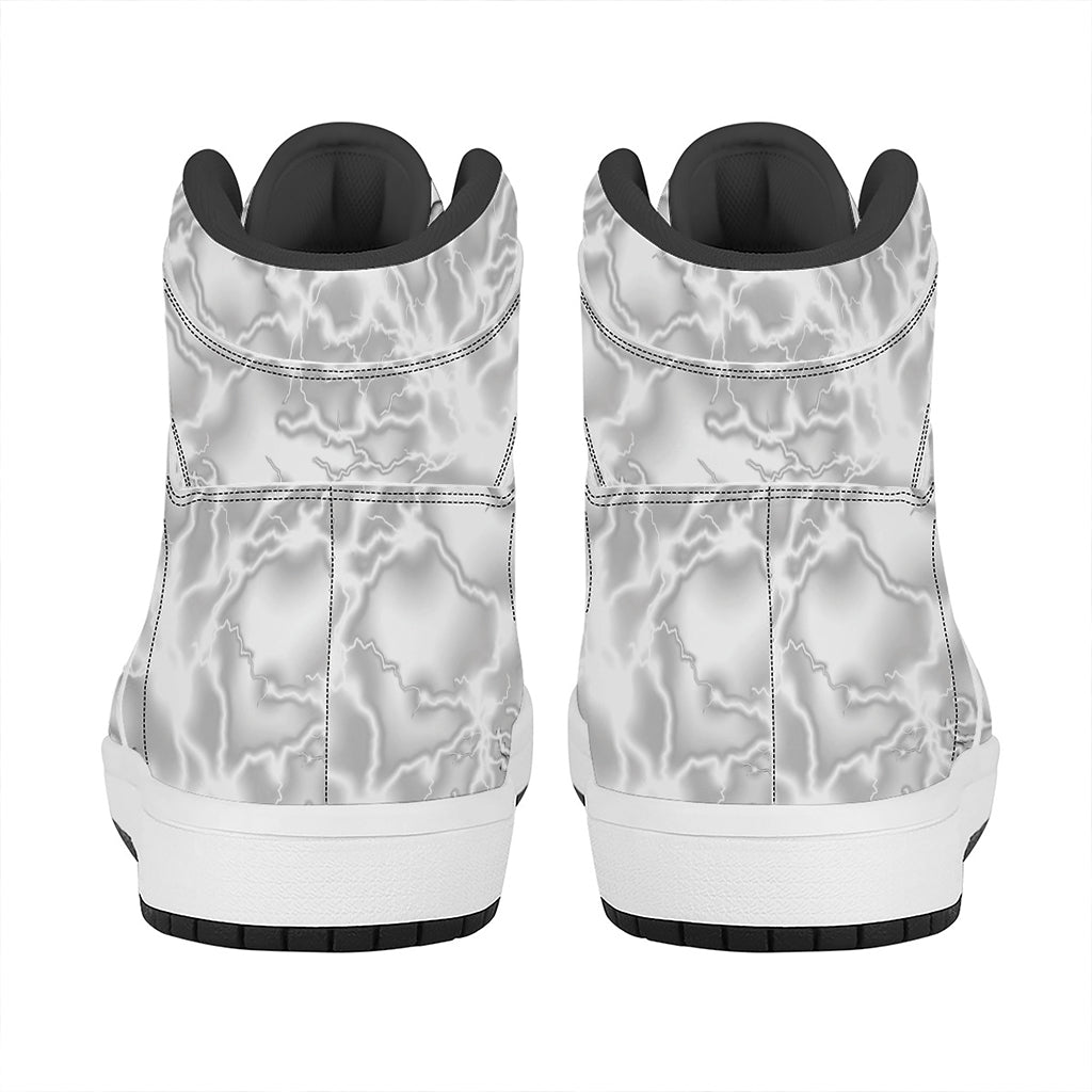 White Electric Lightning Print High Top Leather Sneakers
