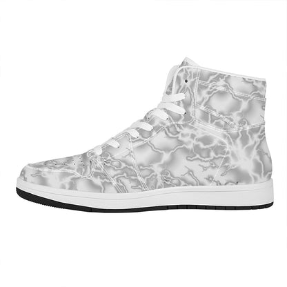 White Electric Lightning Print High Top Leather Sneakers
