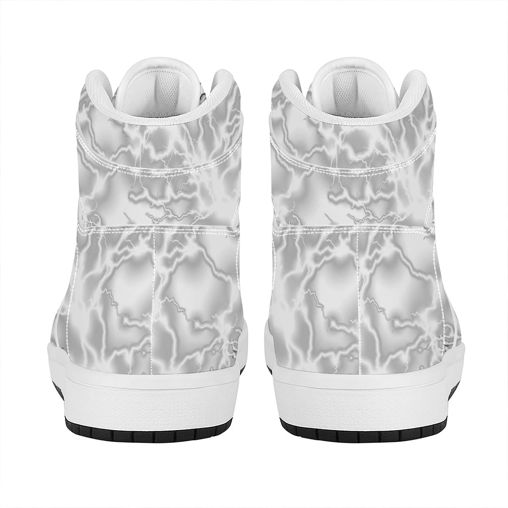 White Electric Lightning Print High Top Leather Sneakers