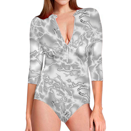 White Electric Lightning Print Long Sleeve Swimsuit