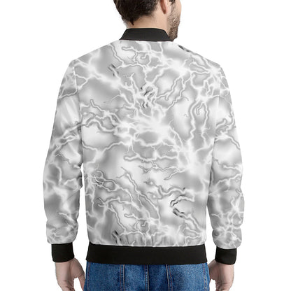 White Electric Lightning Print Men's Bomber Jacket
