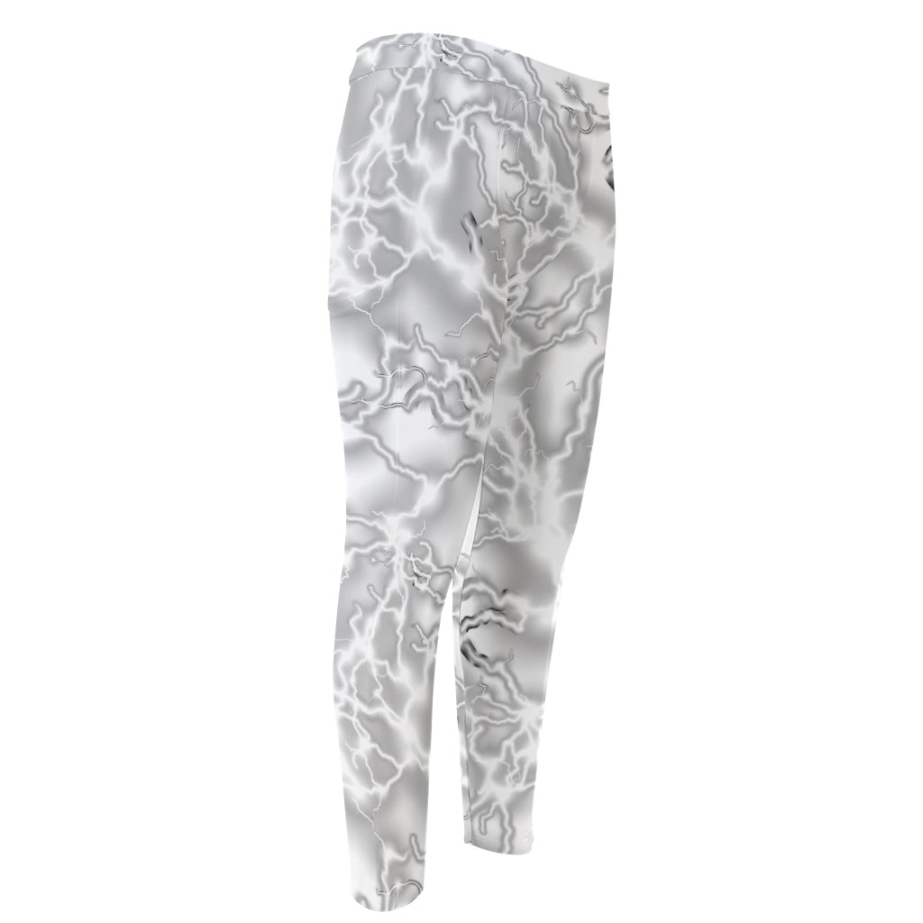 White Electric Lightning Print Men's Compression Pants