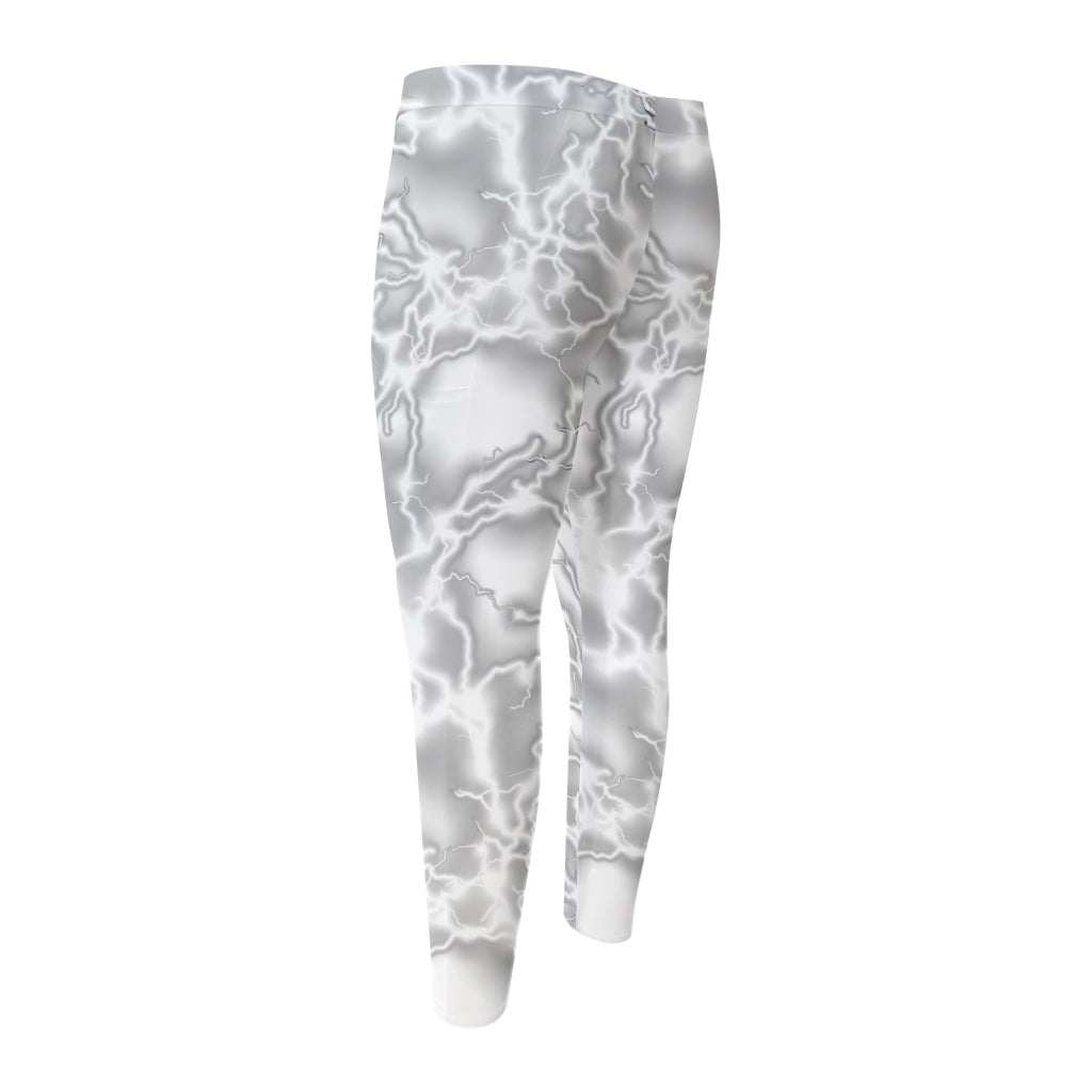 White Electric Lightning Print Men's Compression Pants