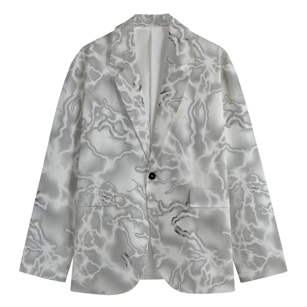 White Electric Lightning Print Men's Cotton Blazer