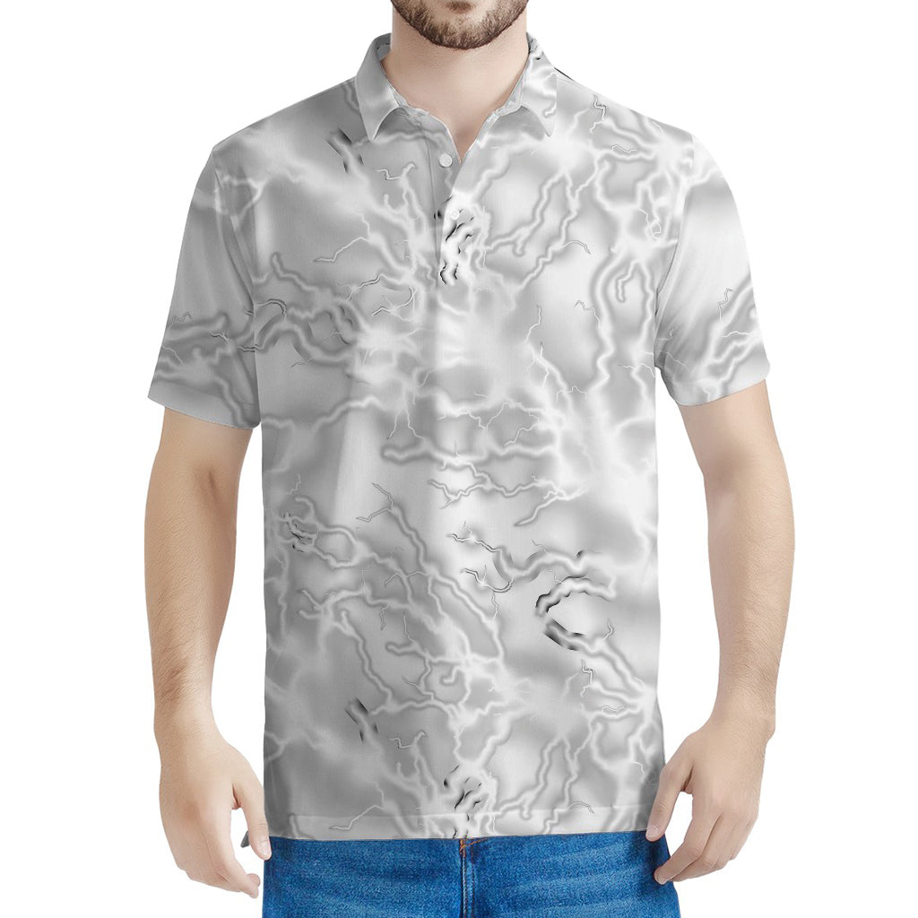 White Electric Lightning Print Men's Polo Shirt