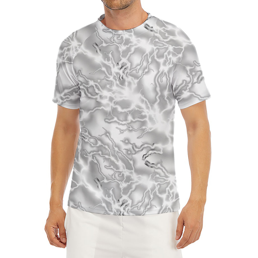 White Electric Lightning Print Men's Short Sleeve Rash Guard
