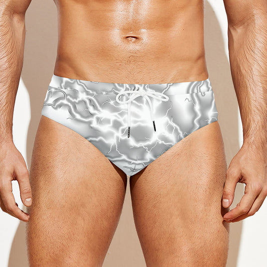White Electric Lightning Print Men's Swim Briefs