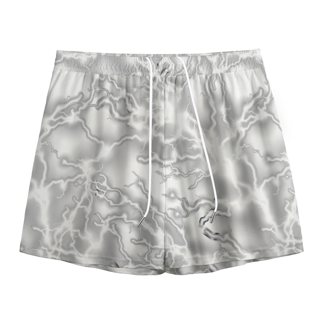 White Electric Lightning Print Mesh Shorts