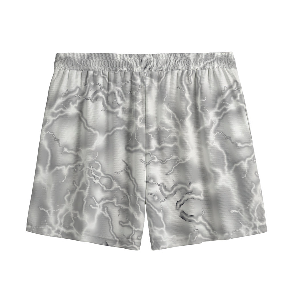 White Electric Lightning Print Mesh Shorts