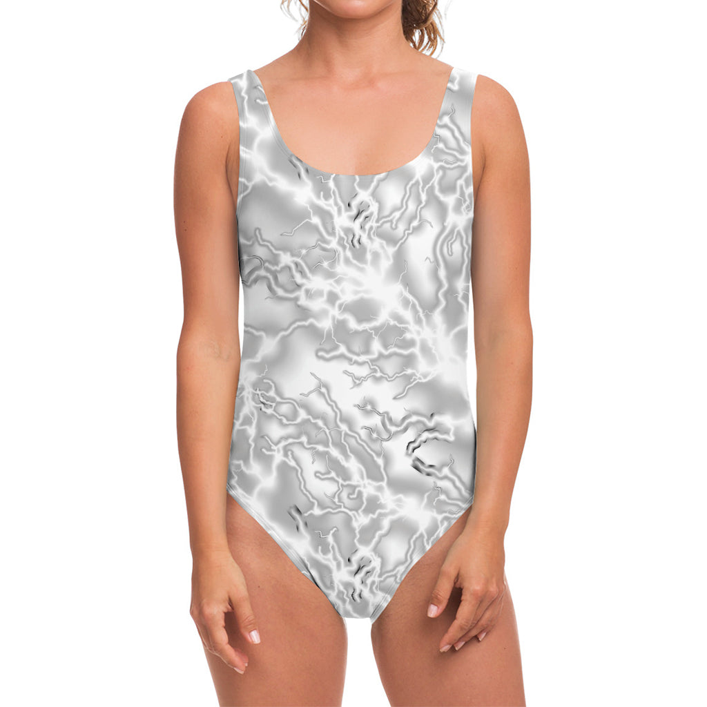 White Electric Lightning Print One Piece Swimsuit