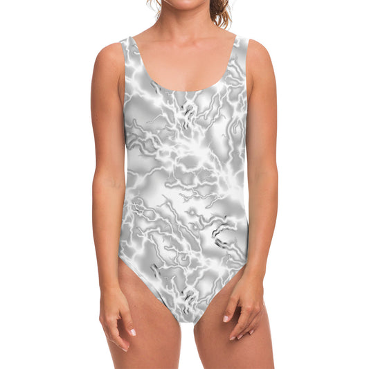 White Electric Lightning Print One Piece Swimsuit