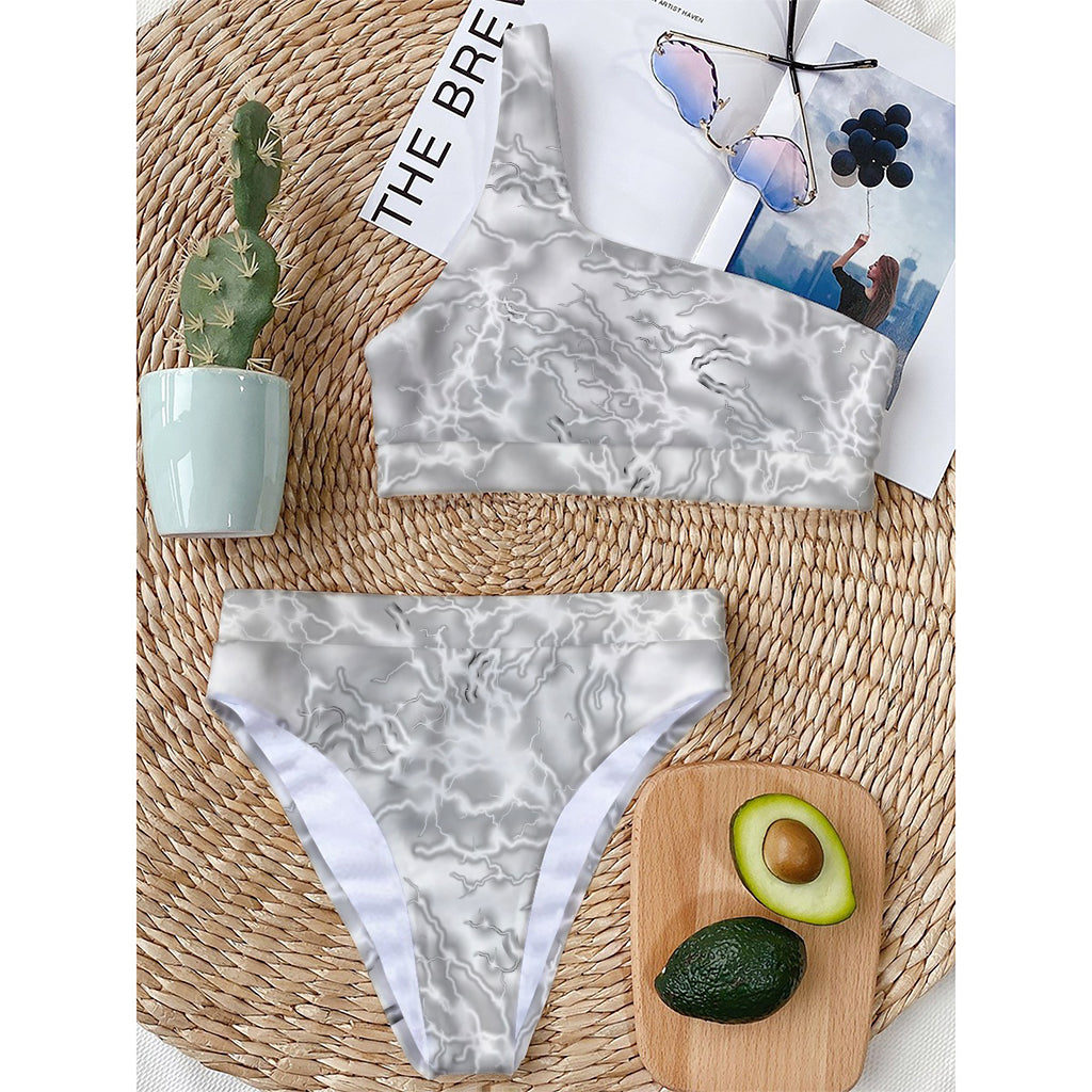 White Electric Lightning Print One Shoulder Bikini Top