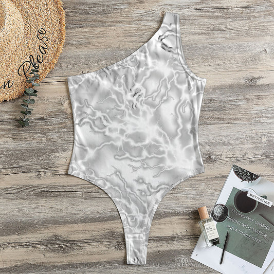 White Electric Lightning Print One Shoulder Bodysuit