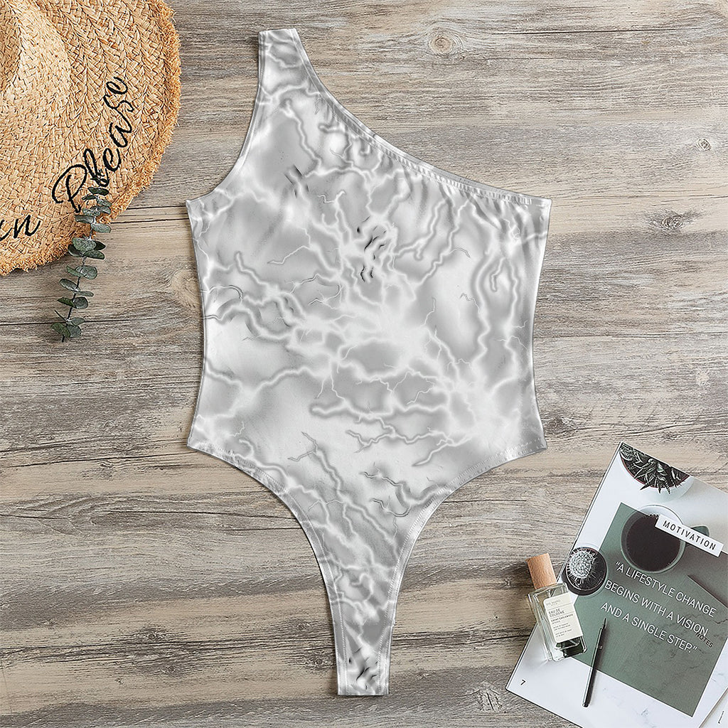White Electric Lightning Print One Shoulder Bodysuit