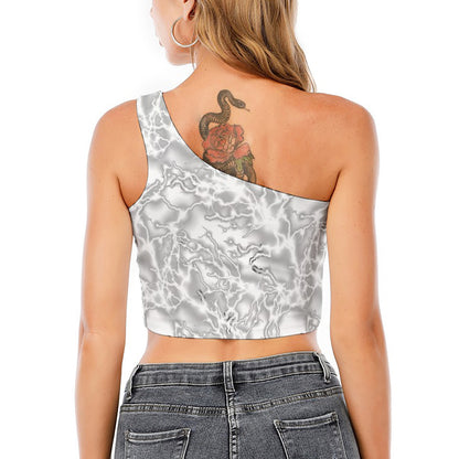 White Electric Lightning Print One Shoulder Crop Top