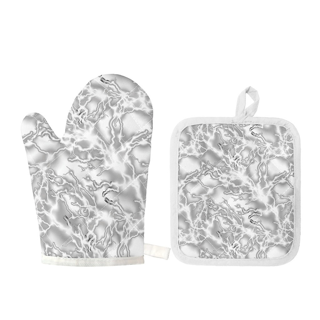 White Electric Lightning Print Oven Mitt And Pot Holder Set