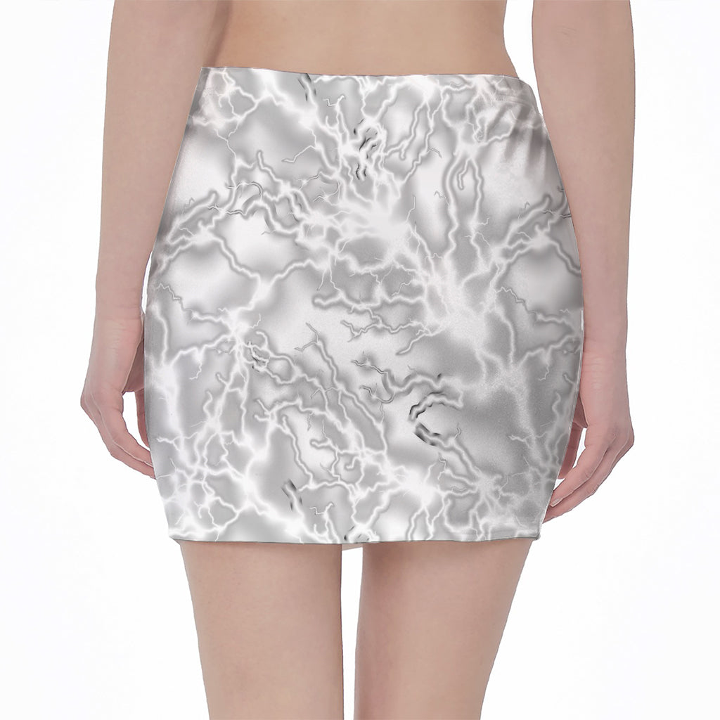 White Electric Lightning Print Pencil Mini Skirt