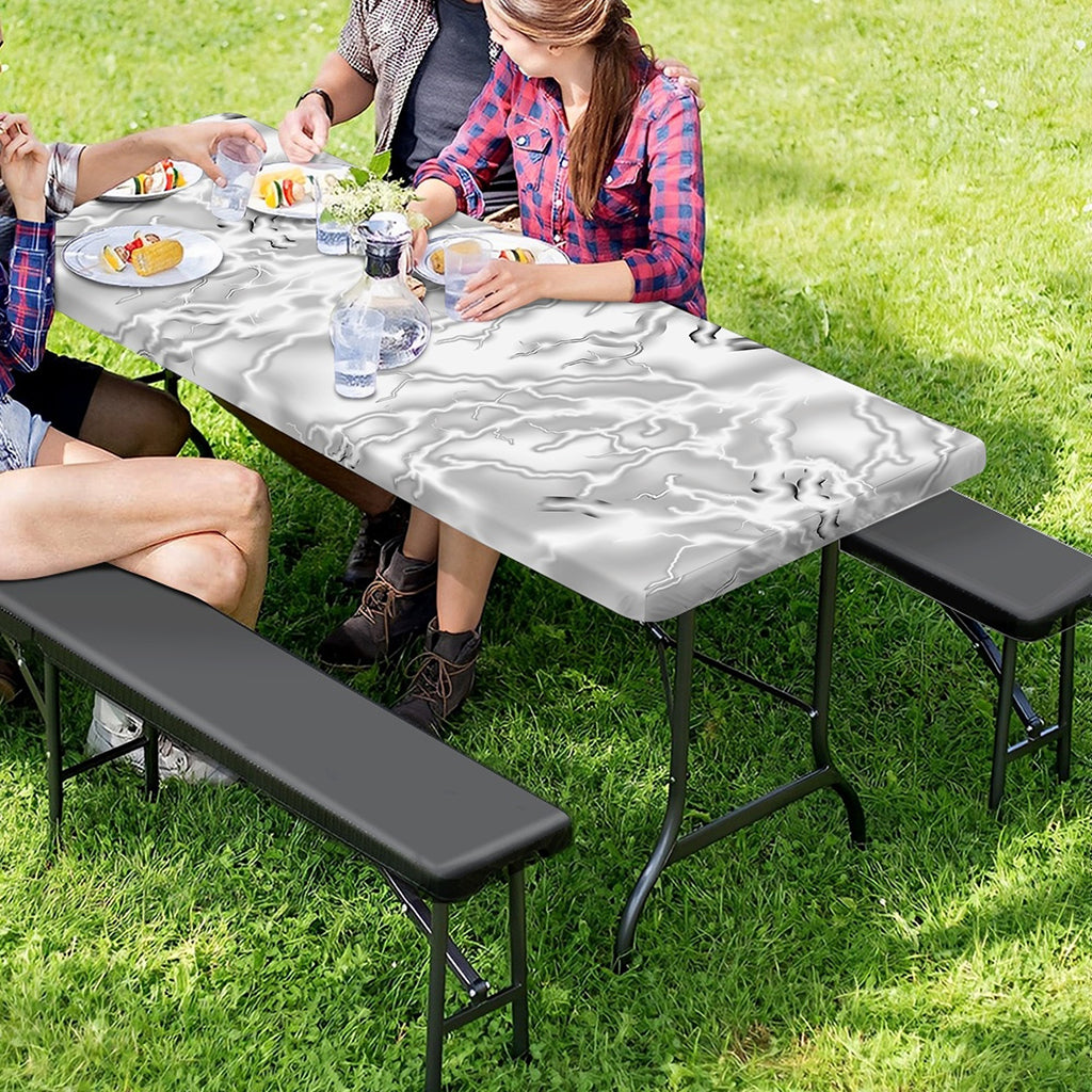 White Electric Lightning Print Picnic Table Cover