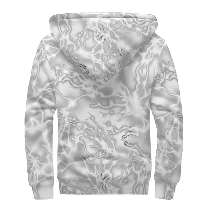 White Electric Lightning Print Sherpa Lined Zip Up Hoodie