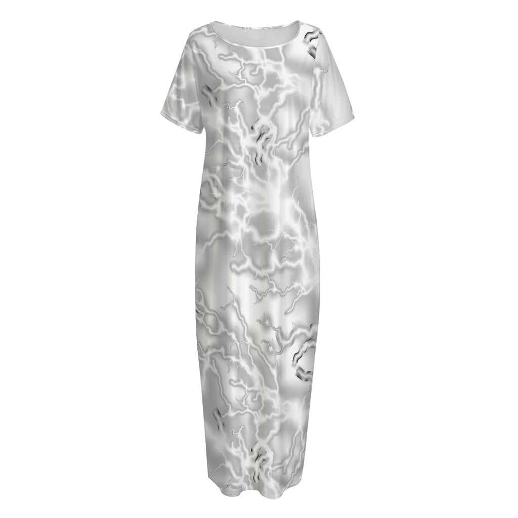 White Electric Lightning Print Short Sleeve Long Nightdress