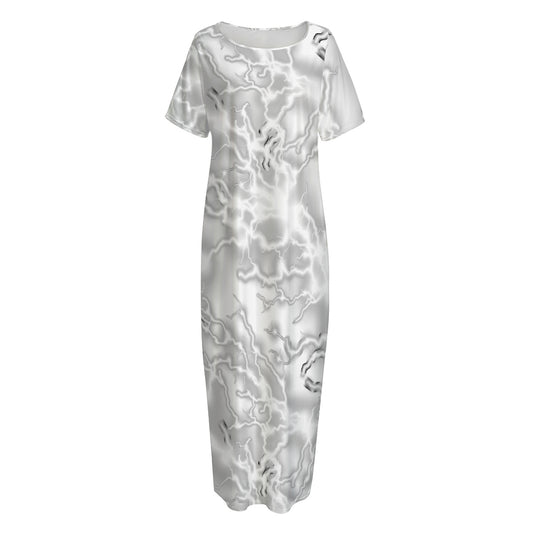 White Electric Lightning Print Short Sleeve Long Nightdress