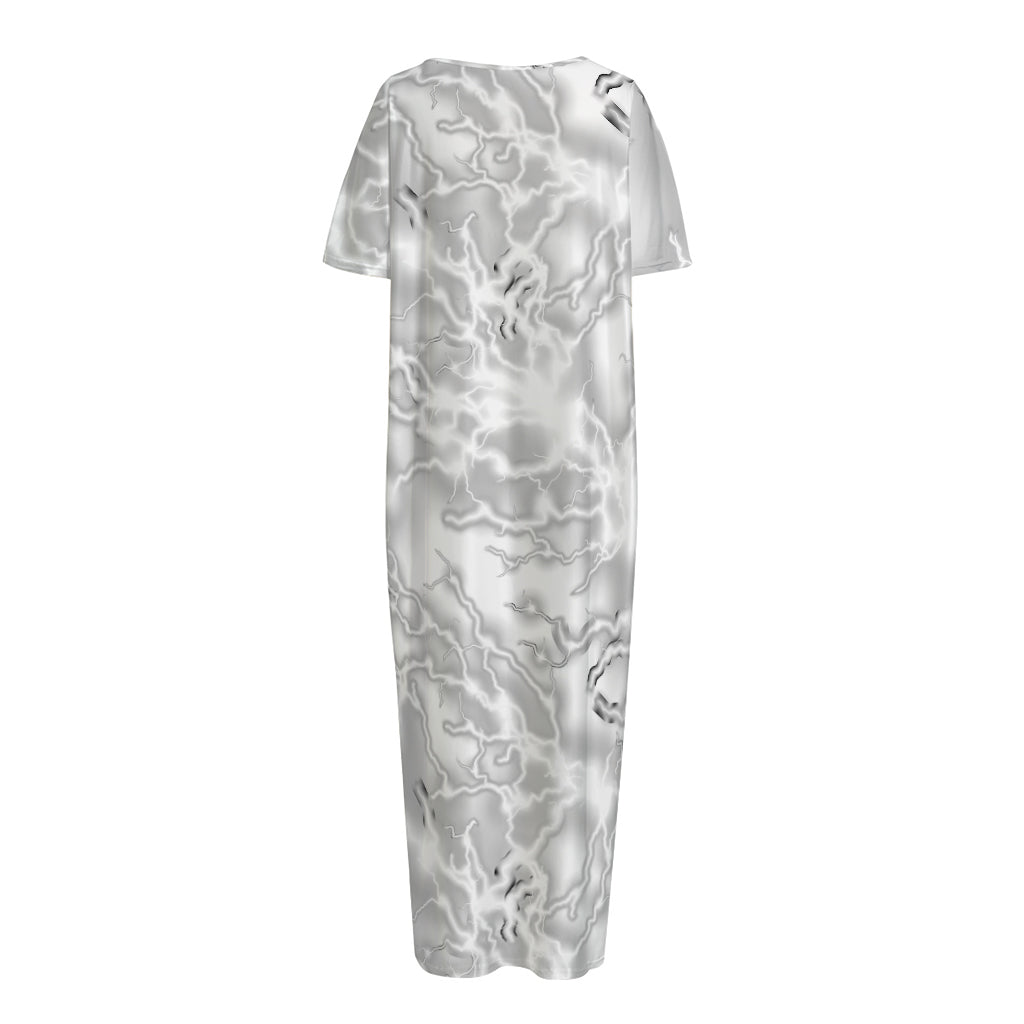 White Electric Lightning Print Short Sleeve Long Nightdress