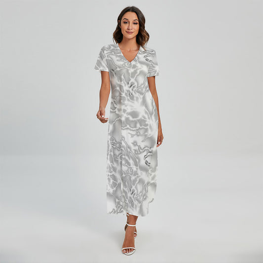 White Electric Lightning Print Short Sleeve Maxi Dress