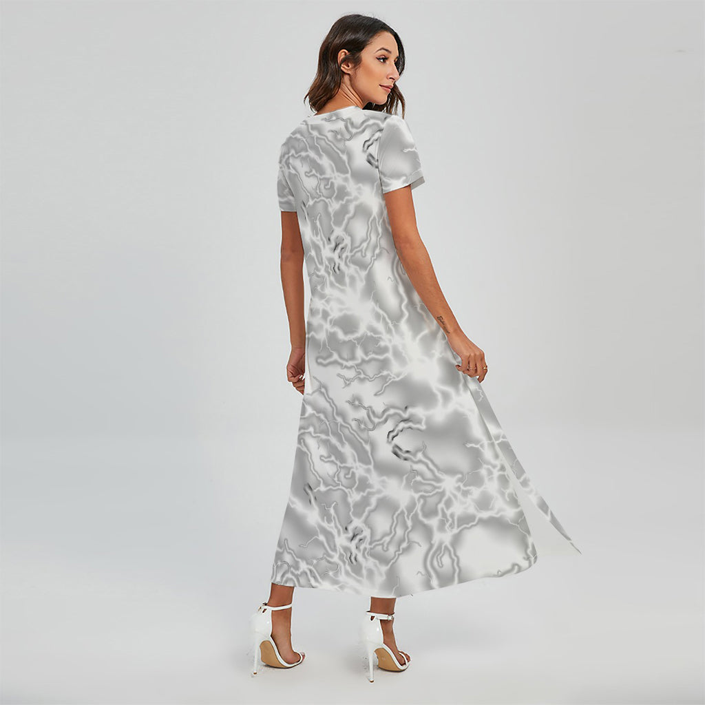 White Electric Lightning Print Short Sleeve Maxi Dress