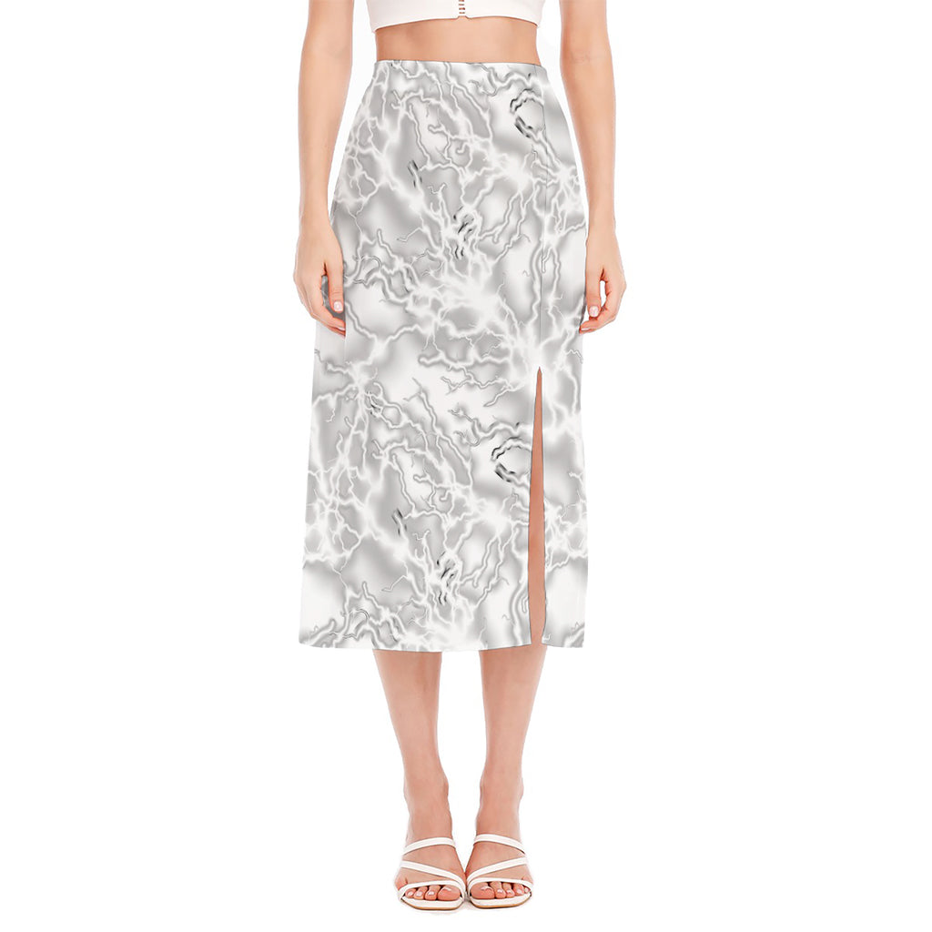 White Electric Lightning Print Side Slit Midi Skirt