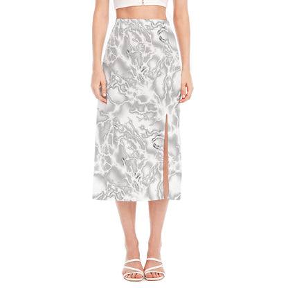 White Electric Lightning Print Side Slit Midi Skirt