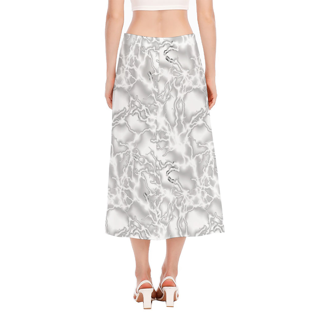 White Electric Lightning Print Side Slit Midi Skirt