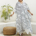 White Electric Lightning Print Silk V-Neck Kaftan Dress