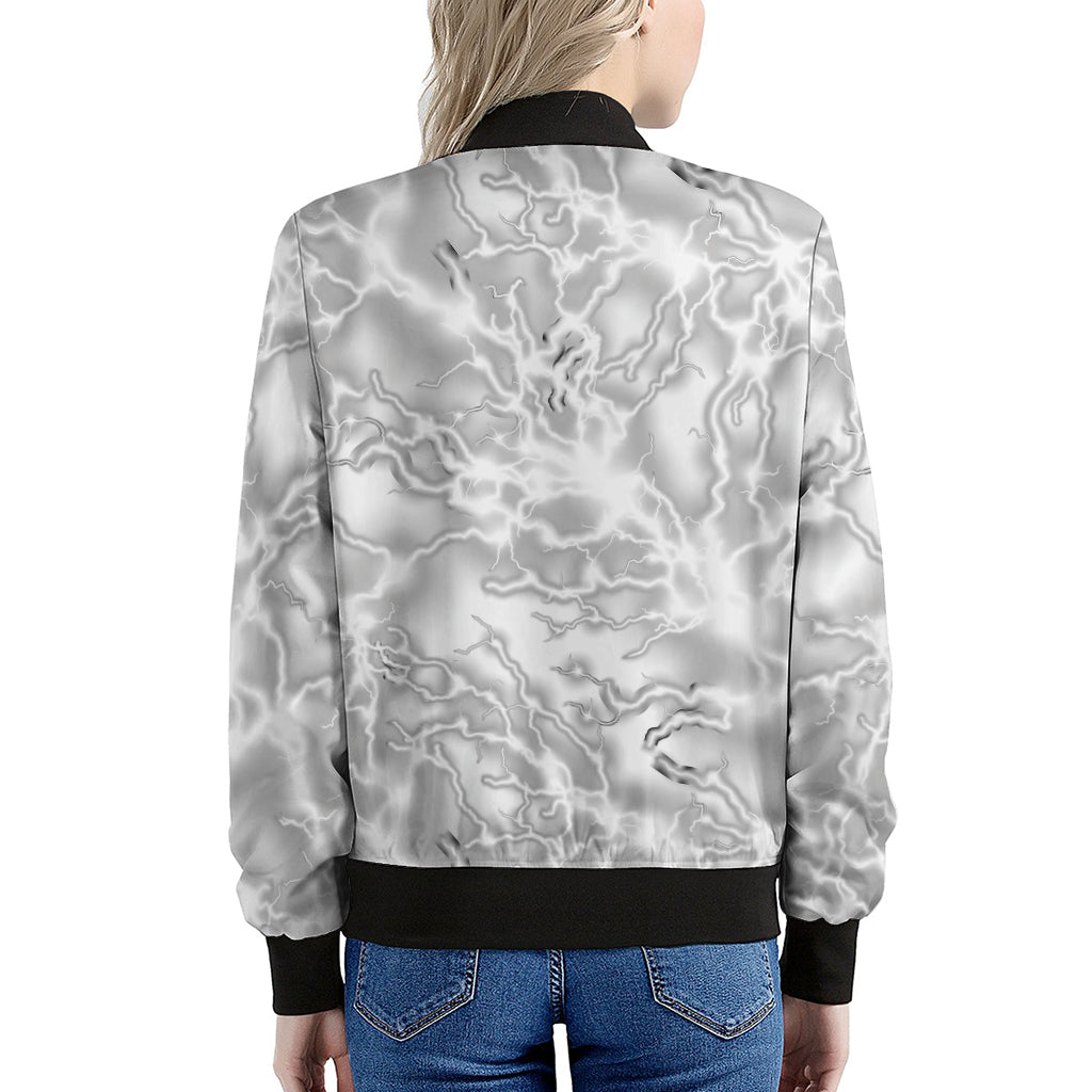 White Electric Lightning Print Women's Bomber Jacket