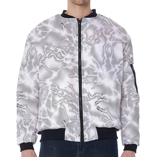 White Electric Lightning Print Zip Sleeve Bomber Jacket