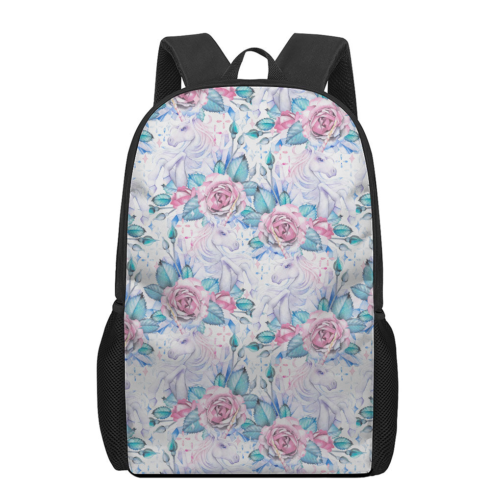 White Fairy Rose Unicorn Pattern Print 17 Inch Backpack