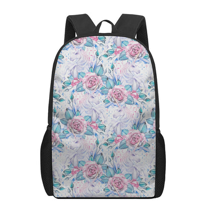 White Fairy Rose Unicorn Pattern Print 17 Inch Backpack
