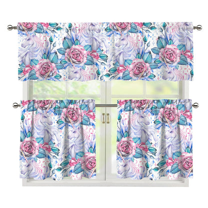 White Fairy Rose Unicorn Pattern Print 3 Piece Kitchen Curtains