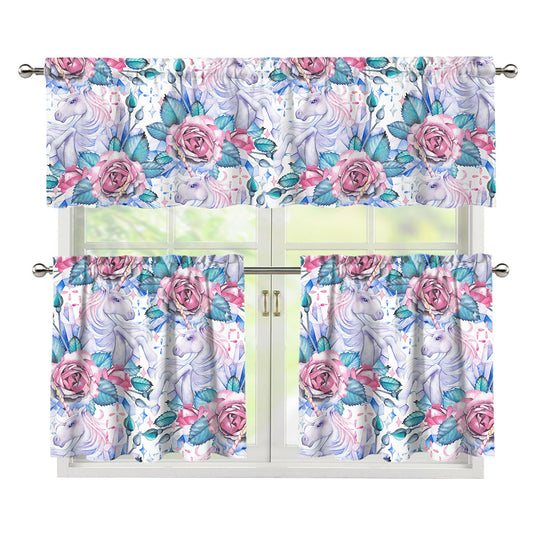 White Fairy Rose Unicorn Pattern Print 3 Piece Kitchen Curtains